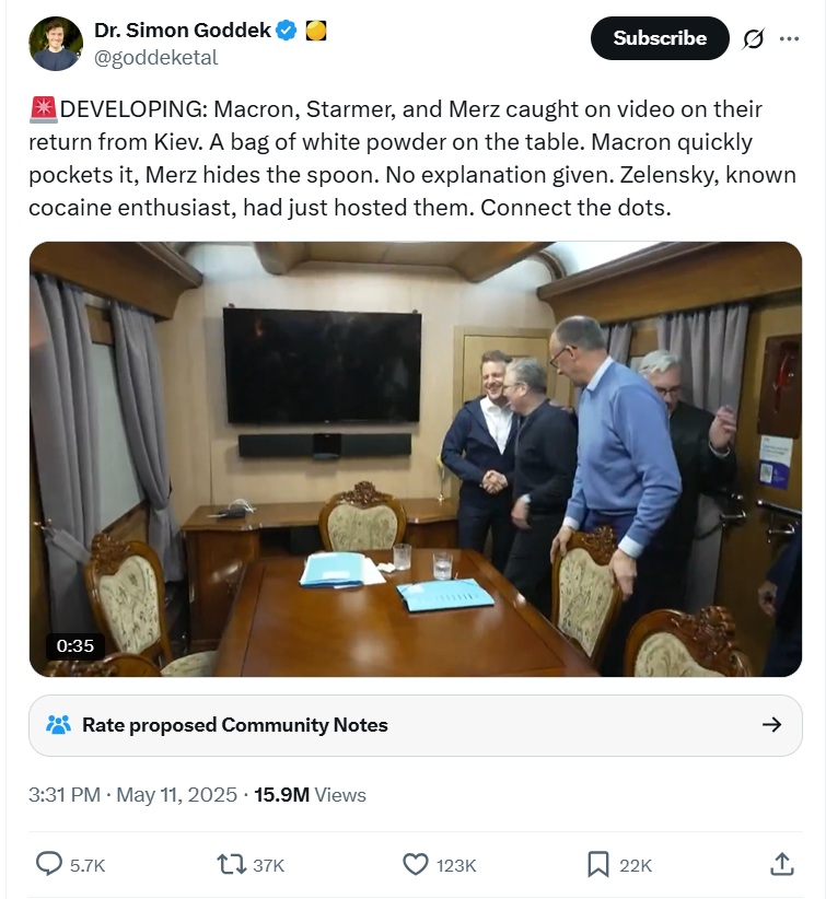 DEVELOPING: Macron, Starmer, and Merz caught on video on their return from Kiev [sic]. A bag of white powder on the table. Macron quickly pockets it, Merz hides the spoon. No explanation given. Zelensky, known cocaine enthusiast, had just hosted them. Connect the dots.