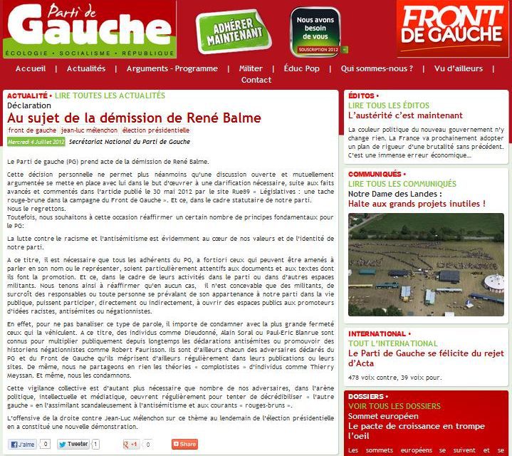 René Balme démissionne du Parti de Gauche, évitant toute sanction