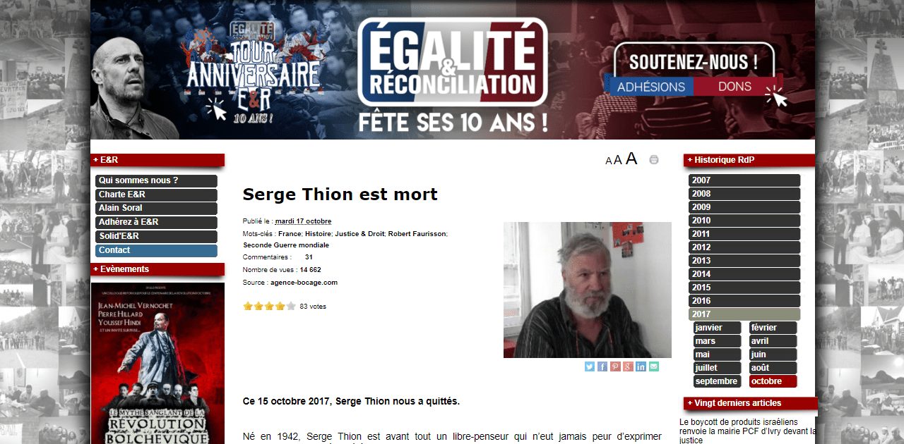 Mort de Serge Thion, figure de l’ultragauche négationniste